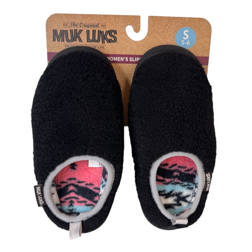 Muk Luks Womens Slippers Black Faux Fur Lined Foam Footbed Small 5-6